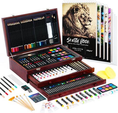 196 Piece Art Kit, Deluxe Art Supplies Painting Art Set with 5 Drawing Pad, Canvases, Acrylic Paint, Oil Pastels, Crayons, Colored Pencils in Wooden Art Box, Gifts for Kids Girls Boys Adults Beginners in Saudi Arabia