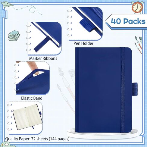 40 Pieces Small Notebooks A6 Pocket Journals 3.5 x 5.5 Inch Small Leather Notebook Mini Ruled Lined Journal with Elastic Band Pen Holder Page Marker Ribbons for Diary School Business Office (Blue) in Saudi Arabia