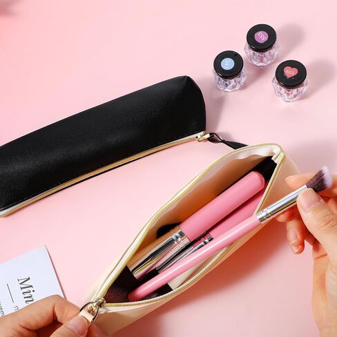 Office Organizer Bag, 2 PCS Small Office Pouch With Zipper Cute Office Pouch Bag/PU Leather Small Pouch Stationery Pouch Zipper Bag for Pens, Pencil, Markers(Black & Beige) in Saudi Arabia