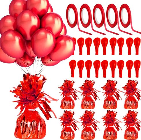 Balloon Weights, Balloons & Ribbons - Includes 12 Balloon Weights 48 Balloons 10 rolls Curling Ribbon - Playo (Red) in Saudi Arabia