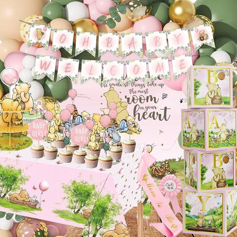 158pcs Pink Classic Winnie Baby Shower Decorations Kit, Vintage Winnie Party Supplies Decorations, Classic Pooh Backdrop Cake Topper, Winnie Baby Tablecloth Box Decorations for Girl Boy Baby Shower in Kuwait