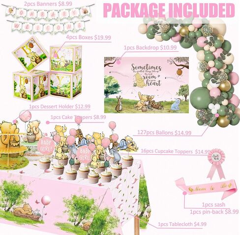158pcs Pink Classic Winnie Baby Shower Decorations Kit, Vintage Winnie Party Supplies Decorations, Classic Pooh Backdrop Cake Topper, Winnie Baby Tablecloth Box Decorations for Girl Boy Baby Shower in Kuwait