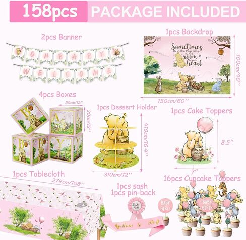 158pcs Pink Classic Winnie Baby Shower Decorations Kit, Vintage Winnie Party Supplies Decorations, Classic Pooh Backdrop Cake Topper, Winnie Baby Tablecloth Box Decorations for Girl Boy Baby Shower in Kuwait