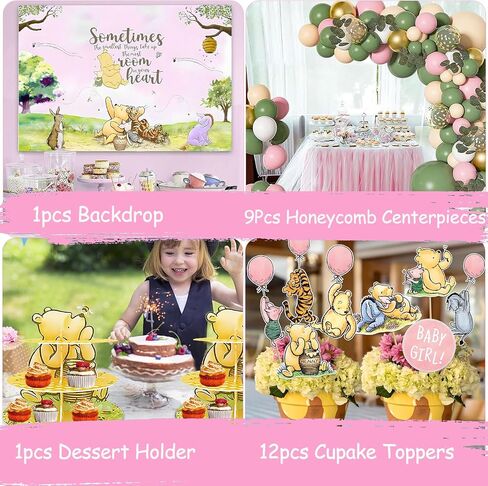 158pcs Pink Classic Winnie Baby Shower Decorations Kit, Vintage Winnie Party Supplies Decorations, Classic Pooh Backdrop Cake Topper, Winnie Baby Tablecloth Box Decorations for Girl Boy Baby Shower in Kuwait