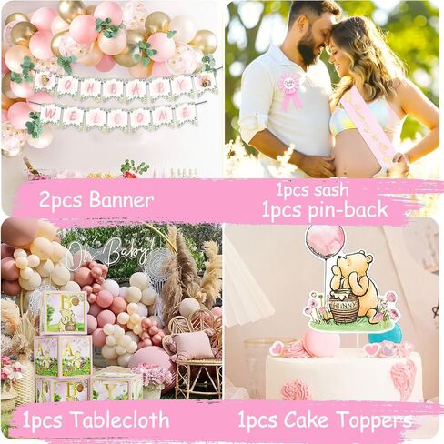158pcs Pink Classic Winnie Baby Shower Decorations Kit, Vintage Winnie Party Supplies Decorations, Classic Pooh Backdrop Cake Topper, Winnie Baby Tablecloth Box Decorations for Girl Boy Baby Shower in Kuwait