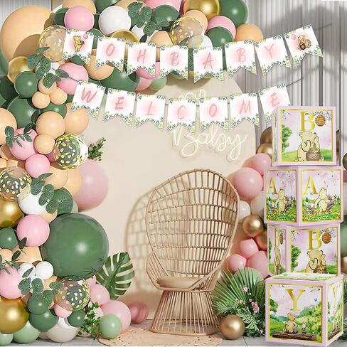 158pcs Pink Classic Winnie Baby Shower Decorations Kit, Vintage Winnie Party Supplies Decorations, Classic Pooh Backdrop Cake Topper, Winnie Baby Tablecloth Box Decorations for Girl Boy Baby Shower in Kuwait