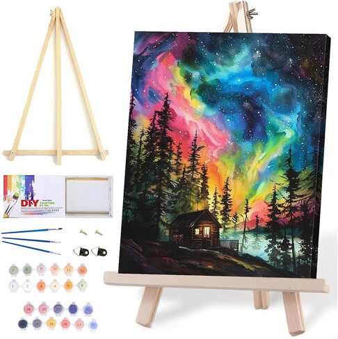 MIRCVSH Starry Paint by Numbers Kit for Adults Beginners on Framed Canvas,Country Night Paint by Number Kits with Wooden Easel,Moon Acrylic Painting Kits with Colorful Box Packaging Gift 12x16 Inch. in Kuwait