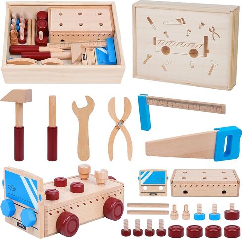 مجموعة أدوات خشبية للأطفال الصغار مجموعة أدوات شاحنة خشبية بما في ذلك صندوق أدوات خشبي ألعاب مونتيسوري للأولاد والبنات 2 3 4 سنوات مرحلة ما قبل المدرسة التعليمية الجذعية التظاهر اللعب عيد الميلاد عيد الميلاد هدية عيد الميلاد in Kuwait