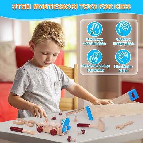 مجموعة أدوات خشبية للأطفال الصغار مجموعة أدوات شاحنة خشبية بما في ذلك صندوق أدوات خشبي ألعاب مونتيسوري للأولاد والبنات 2 3 4 سنوات مرحلة ما قبل المدرسة التعليمية الجذعية التظاهر اللعب عيد الميلاد عيد الميلاد هدية عيد الميلاد in Kuwait