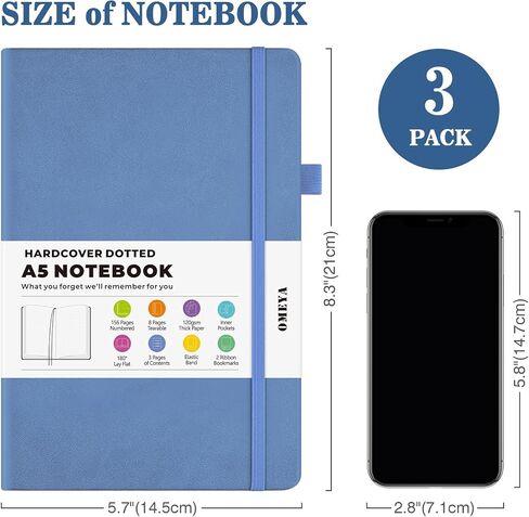 Bullet Dotted Journal Notebook 3 Pack, A5 Dotted Journal with 120gsm Paper, Leather Dotted Notebook, Hardcover Dot Grid Notebook Each with 156 Nmubered Pages, Dot Journal for Women, 5.75" × 8.38" in Kuwait