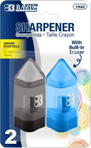 BAZIC Pencil Sharpener with Eraser, Single Hole Manual Small Compact Handheld Sharpeners Color May Vary, for Students Kids School Office (2/Pack), 1-Pack in Saudi Arabia
