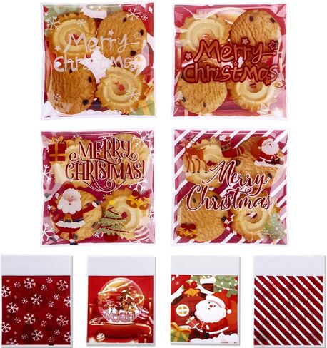 Christmas Cellophane Bags Biscuit Roasting Treat Bags Individual Wrappers Self Adhesive OPP Cookie Bakery Present Gift DIY Candy Decorating Favor Bags (4x4 Inch, 200Pcs) in Saudi Arabia