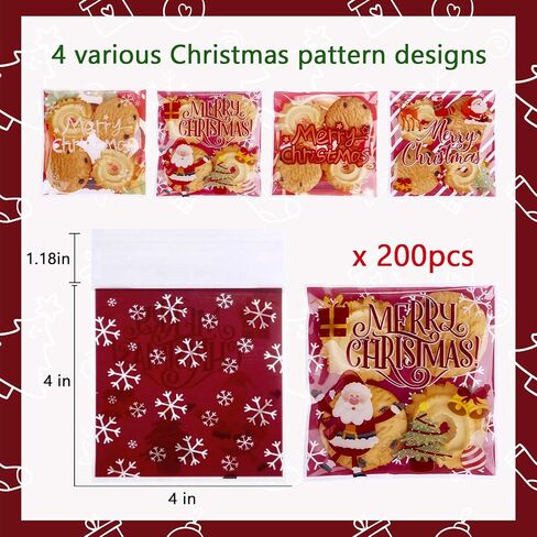 Christmas Cellophane Bags Biscuit Roasting Treat Bags Individual Wrappers Self Adhesive OPP Cookie Bakery Present Gift DIY Candy Decorating Favor Bags (4x4 Inch, 200Pcs) in Saudi Arabia