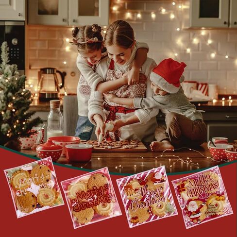 Christmas Cellophane Bags Biscuit Roasting Treat Bags Individual Wrappers Self Adhesive OPP Cookie Bakery Present Gift DIY Candy Decorating Favor Bags (4x4 Inch, 200Pcs) in Saudi Arabia