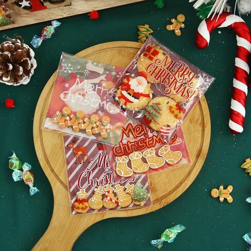Christmas Cellophane Bags Biscuit Roasting Treat Bags Individual Wrappers Self Adhesive OPP Cookie Bakery Present Gift DIY Candy Decorating Favor Bags (4x4 Inch, 200Pcs) in Saudi Arabia
