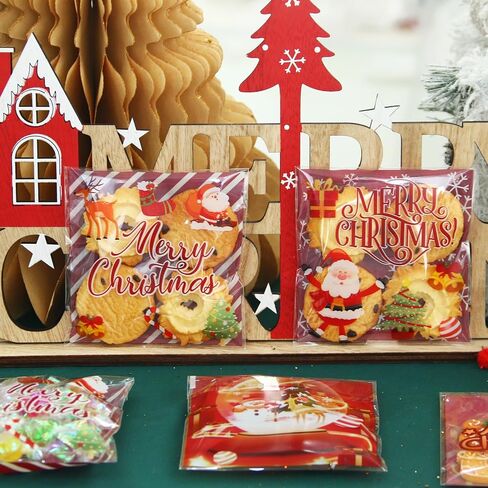 Christmas Cellophane Bags Biscuit Roasting Treat Bags Individual Wrappers Self Adhesive OPP Cookie Bakery Present Gift DIY Candy Decorating Favor Bags (4x4 Inch, 200Pcs) in Saudi Arabia