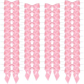 50Pcs Satin Ribbon Twist Tie Bows for Treat Bags, 3.5'' Mini Gift Bows for Presents Crafting Christmas Tree Bows, Bag of Pre Tied Bows Premade Bows for Crafts Gift Wrapping Wedding Party Favors (Pink)