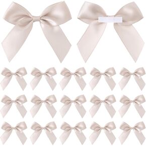 15pcs Mini Gift Wrap Bows, Self-Adhesive Small Satin Ribbon Crafts Bow, Premade Tiny Bowknot for Christmas Wedding Birthday Party Decoration Flowers Cookies Gift Wrapping- Beige