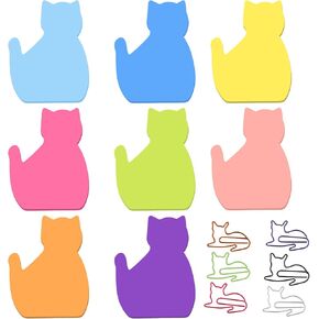 240 Sheets Cat Sticky Notes and 8 PCS Paper Clips, 8 Pack Colorful Cute Funny Animal Cat Sticky Notes Self-Stick Notes Index Tabs Colorful Funny Cat Shape Memo Pads Index Tab for Office Supplies