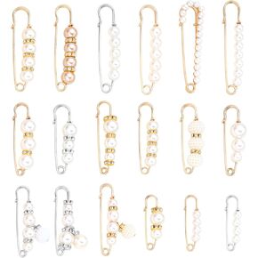 18 Pcs Pearl Safety Pins for Clothes, Pearl Brooch Pins for Women Girls Dress Blouse Sweater, Sock Charms Pins Pant Waist Tightener Decoration Accessories Women's Woven Shawl Clip—Set-C