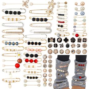 80Pcs Charms for Socks Safety Pin, Junk Sock Charms, Gold Bling Sock Charms, Pearl Rhinestone Brooch Pins for Shoe Charms for Women Sneakers Dress Hats Shoes Scarf Shawl Pant Waist Tightener Christmas
