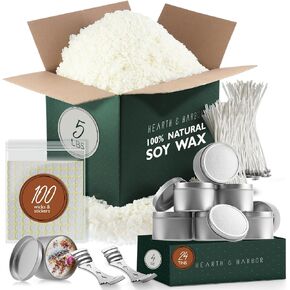 Hearth & Harbor Natural Soy Wax and DIY Candle Making Supplies - 5 Lbs. Soy Candle Wax Flakes, Candle Tin Cans with Lid 24 Pack - 4 oz., 100 Cotton Wicks, and 2 Metal Centering Device