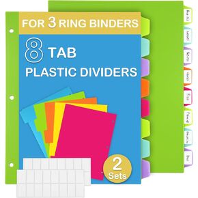 Binder Dividers for 3 Ring Binder, 8 Tab Plastic Binder Dividers, 8 Color Page Folder Dividers with Big Tabs for School Office Home, Letter Size, 2 Sets, 16 Dividers