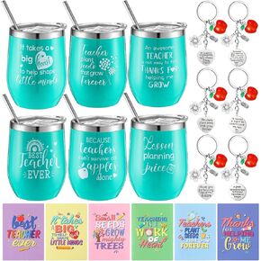 Irenare 6 Set Teacher Christmas Appreciation Gifts in Bulk, 12 oz Mint Teacher Tumbler with Lid Straw Brushes Set Teacher Notepads and Keychains for Women Teachers' Appreciation Week Present