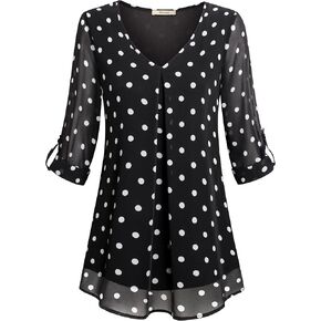 Bebonnie Womens Roll-Up 3/4 Sleeve Top Casual V Neck Layered Chiffon Lace Blouses