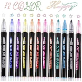 Double Line Outline Pens, 12 Colors Self-outline Metallic Markers, Shimmer Glitter Pens Set for Christmas Card Writing, Birthday Greeting, DIY Art Crafts, Scrap Booking