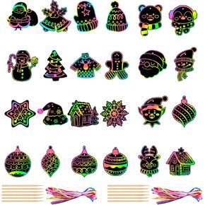 Qpout 48 PCS Christmas Scratch Art Paper, DIY Christmas Ornaments Crafts, Rainbow Christmas Scratch Cards, Christmas Party Favors Gifts, Christmas Tree Pattern