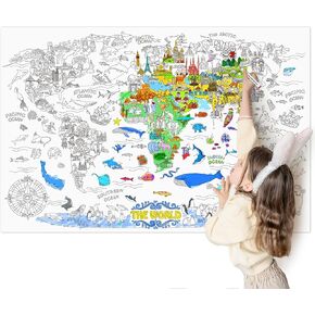 Jar Melo Giant Coloring Poster for Kids; World Map Jumbo Wall Coloring Poster, 45.3 x 31.5 Inches, Large Tablecloth Birthday Gifts for Class School Home Decorations