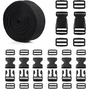 1 inch Strap and Buckles kit - 18 ft Nylon Webbing 1 inch wide, 8 Pack Quick Release Buckle, 16 pieces Tri-Glide Slide Clips, Black Stylish Plastic Buckles for Strips 1 inch Set, Adjustable Non-sewing