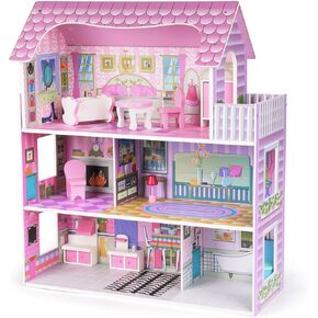 Wooden Dollhouse for Girls, 3-Story Doll House Playset with Furniture & Accessories, Large DIY Wooden Dream House for Kids, Pretend Play Dollhouse Kit, for Toddlers & Girls