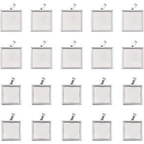 UNICRAFTALE 20/25mm About 12pcs Square Pendant Trays Stainless Steel Blank Bezel Hypoallergenic Tray Base Pendant Cabochon Settings for Jewelry Making DIY Findings Stainless Steel Color