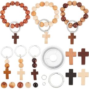 SUNNYCLUE 250Pcs Wood Cross Charms Easter Holiday Small Cross Beads Bulk Wooden Round Beads Unfinished Wood Bead 10mm Beading Keychain Making Kit Mini Cross Charm for Keychains Bracelets DIY Craft
