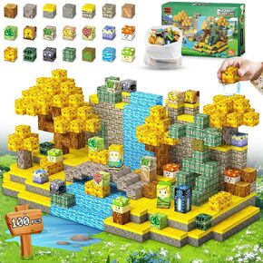 Magnetic Blocks Toys, 100PCS Magnetic Building Block Toys Based on Classic Games, STEM Magnets Sensory Toys for Kids, Magnetic Building Blocks Suitable for Boys Girls 3+ (Yellow)