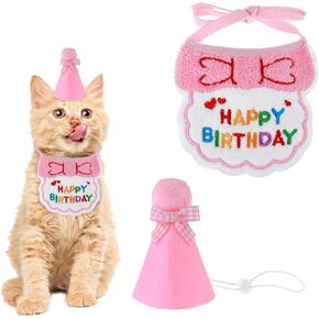 Cat Birthday Hat and Bib, Cat Birthday Party Bandana Outfit Cute Cat Pet Hat Scarf Decoration Set Lovely Cat Hat and Bid Outfit for Cat Puppy Kitten Birthday Party Decorations(Pink)
