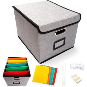 MIZAZBOX File Box Storage Container, Dustproof Document Box with 5 Hanging Folders & Plastic Slide, File label, Collapsible Portable File Organizer for Home Office School
