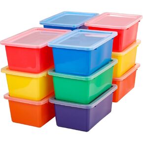 12 Pcs Bins for Classroom Plastic Storage Bins with Lids Storage Bins Storage Organizer Bins Plastic Shelf Containers 15 Sheets Self Adhesive Labels for Classroom School Home Office Supplies