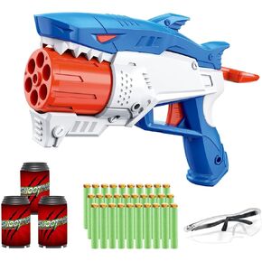 Shark Toy Gun Set, Toy Foam Blasters for Kids Rotating Barrel Toy Gun Easy Play Dart Blaster, with 30 Soft Bullets, Goggle, 3 Targets, Shark Toys Birthday Christmas for 6 Year Old Boys & Girls & Up