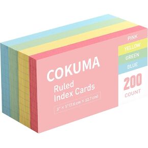 Index Cards 3×5, Ruled Colored Index Cards, Heavy Weight Flash Cards for Studying, Four Colors Note Cards for School and Office, Lined On Front and Black on Back, 200 Sheets