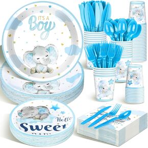 Dandat 350 Pcs Baby Shower Plates Set Baby Shower Party Supplies Serves 50 Tableware Sets Include Plates Napkin Cup Forks Knives Spoons Disposable Dinnerware for Boy Girl(Elephant)