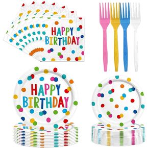 96PCS Happy Birthday Paper Plates and Napkins Colorful Dot Tableware Set Include Paper Plates, Napkins, Forks Disposable Decorations Supplies for Girls and Boys Birthday Party, Serve 24 in Saudi Arabia