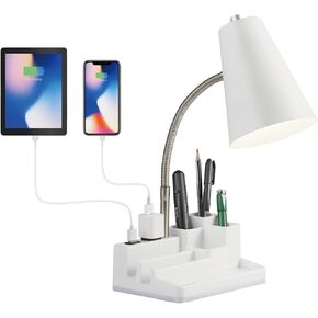 E26 Desk Lamp with 1 USB Charging Port and 1 AC Outlet, Organizer Base, Adjustable Neck, On/Off Switch, Modern Table Lamp for Reading, Working, Studying (White)