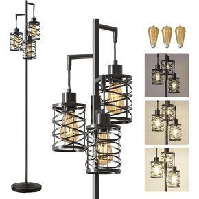 Oneach 68" Industrial Floor Lamp, Stepless Dimmable Standing Lamp with 3 Bulbs, Farmhouse Corner Standing Tree Lamp for Living Room, Tall Lamps for Bedroom, Office, Study Room, Dining Room, Black