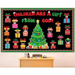 70 Pcs Christmas Bulletin Board Decoration Set Xmas Gift Boxes Cutouts DIY Photo Craft Christmas Classroom Decorations Christmas Tree Bulletin Board for Holiday School Chalkboard Wall Door Decorations