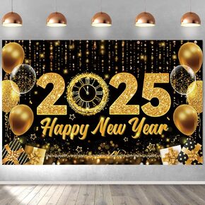 Happy New Year Backdrop New Year Party Banner Decorations Gold Balloons Happy New Year's Eve Banner Happy New Years Party Supplies 70.8 x 43.3 Inch