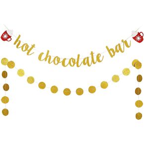 Hot Chocolate Bar Banner Gold Glitter Hot Chocolate Bar Sign Christmas Decorations for Wintertime Holiday Christmas Party New Year Party Decorations