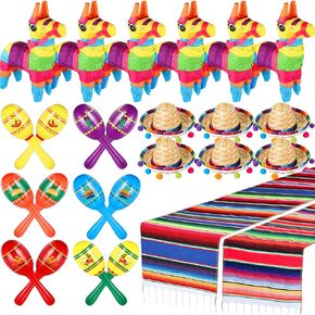 Libima 26 Pcs Mexican Decor Fiesta Decorations Include 6 Donkey Piñata 12 Large Fiesta Maracas 2 Mexican Serape Table Runners 6 Mexican Sombrero Hats for Mexican Decorations Favors(Retro)